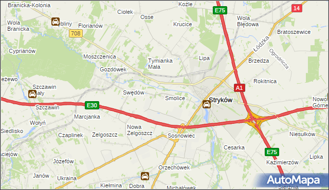 mapa Smolice gmina Stryków, Smolice gmina Stryków na mapie Targeo