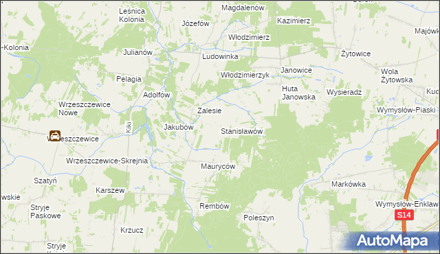 mapa Stanisławów gmina Wodzierady, Stanisławów gmina Wodzierady na mapie Targeo