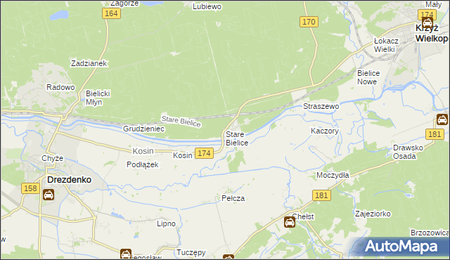 mapa Stare Bielice gmina Drezdenko, Stare Bielice gmina Drezdenko na mapie Targeo