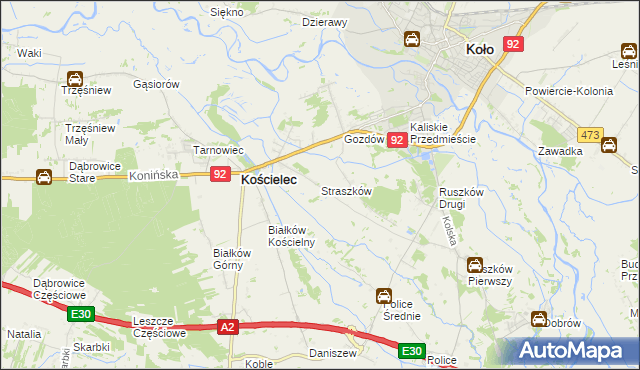 mapa Straszków gmina Kościelec, Straszków gmina Kościelec na mapie Targeo