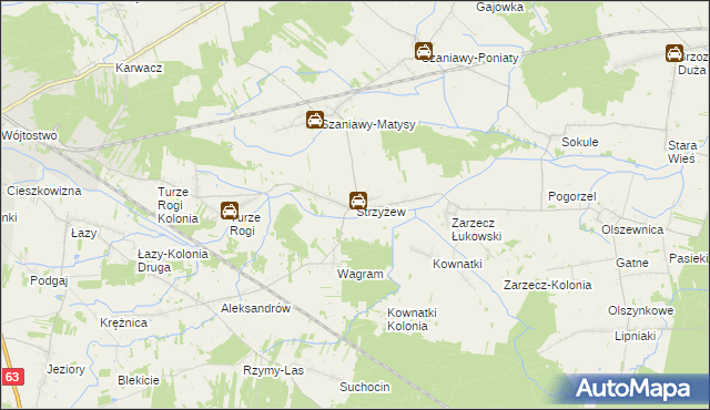 mapa Strzyżew gmina Łuków, Strzyżew gmina Łuków na mapie Targeo