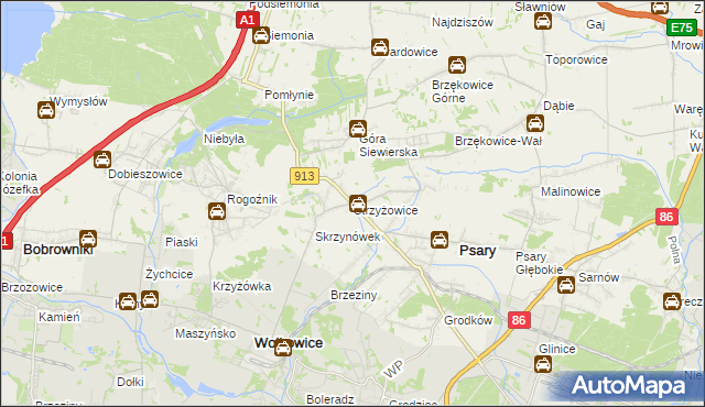 mapa Strzyżowice gmina Psary, Strzyżowice gmina Psary na mapie Targeo