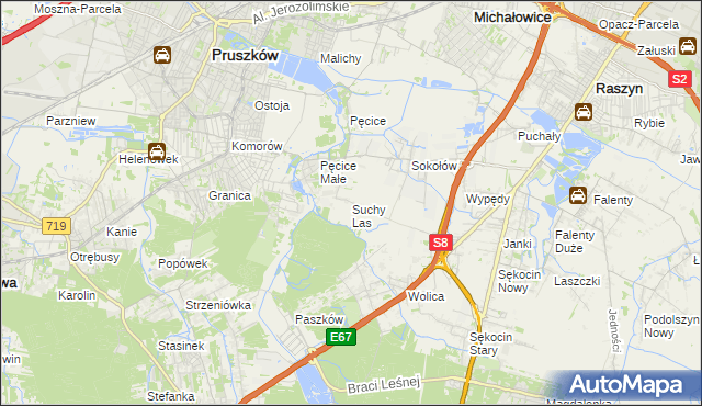 mapa Suchy Las gmina Michałowice, Suchy Las gmina Michałowice na mapie Targeo