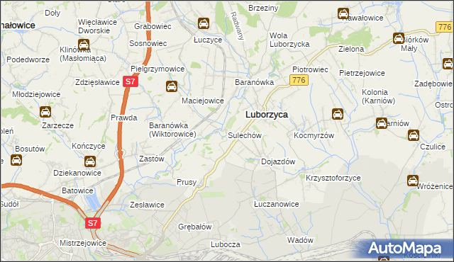 mapa Sulechów gmina Kocmyrzów-Luborzyca, Sulechów gmina Kocmyrzów-Luborzyca na mapie Targeo