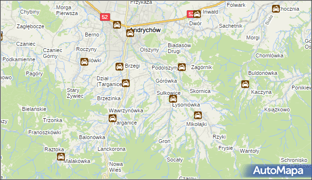 mapa Sułkowice gmina Andrychów, Sułkowice gmina Andrychów na mapie Targeo