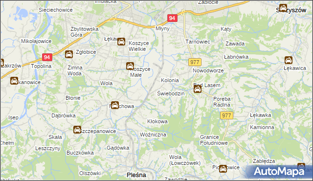 mapa Świebodzin gmina Pleśna, Świebodzin gmina Pleśna na mapie Targeo
