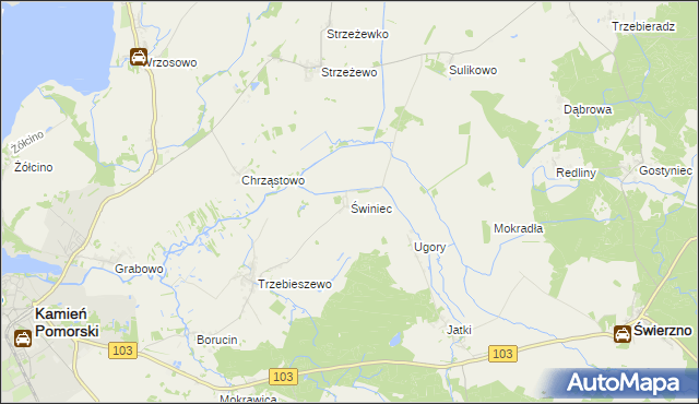 mapa Świniec gmina Kamień Pomorski, Świniec gmina Kamień Pomorski na mapie Targeo