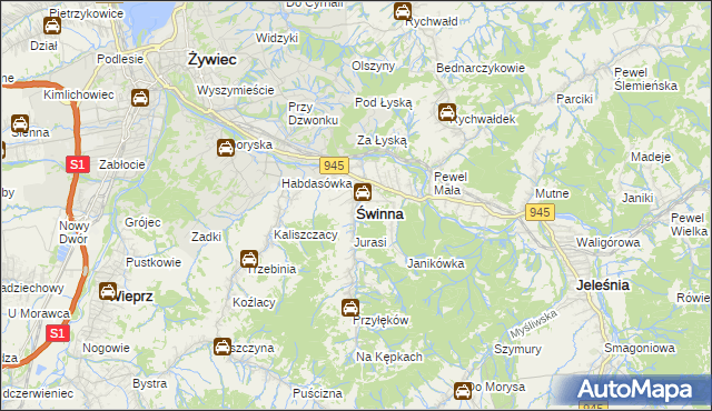 mapa Świnna powiat żywiecki, Świnna powiat żywiecki na mapie Targeo