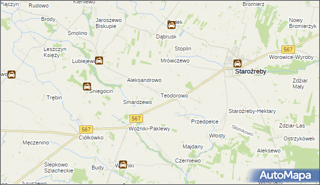 mapa Teodorowo gmina Staroźreby, Teodorowo gmina Staroźreby na mapie Targeo