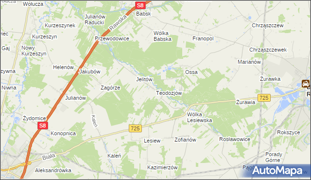 mapa Teodozjów gmina Biała Rawska, Teodozjów gmina Biała Rawska na mapie Targeo