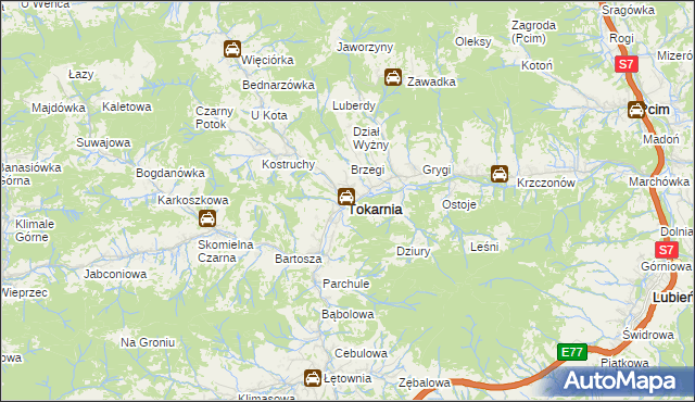 mapa Tokarnia powiat myślenicki, Tokarnia powiat myślenicki na mapie Targeo