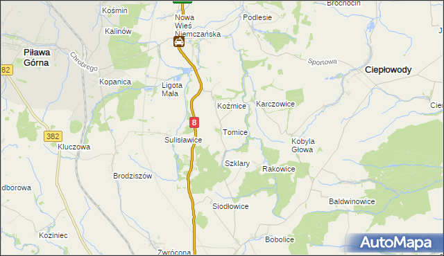 mapa Tomice gmina Ciepłowody, Tomice gmina Ciepłowody na mapie Targeo