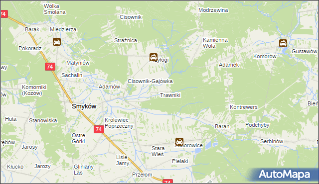 mapa Trawniki gmina Smyków, Trawniki gmina Smyków na mapie Targeo