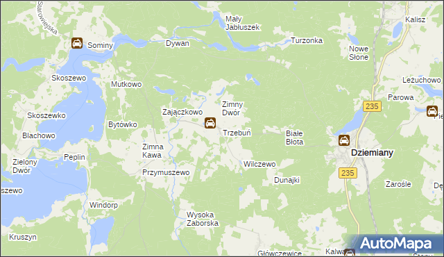 mapa Trzebuń gmina Dziemiany, Trzebuń gmina Dziemiany na mapie Targeo