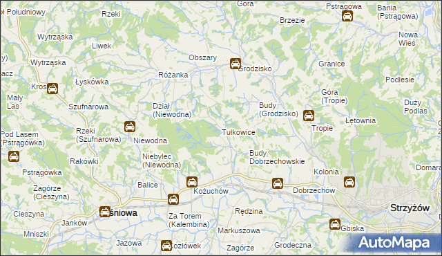 mapa Tułkowice gmina Wiśniowa, Tułkowice gmina Wiśniowa na mapie Targeo