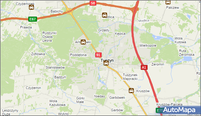 mapa Tuszyn powiat łódzki wschodni, Tuszyn powiat łódzki wschodni na mapie Targeo