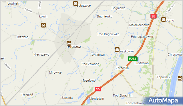 mapa Wałdowo gmina Pruszcz, Wałdowo gmina Pruszcz na mapie Targeo