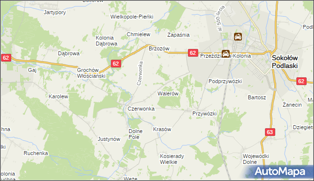 mapa Walerów gmina Sokołów Podlaski, Walerów gmina Sokołów Podlaski na mapie Targeo