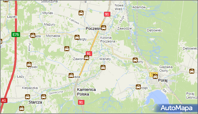 mapa Wanaty gmina Kamienica Polska, Wanaty gmina Kamienica Polska na mapie Targeo