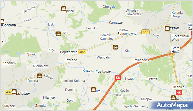 mapa Wandalin gmina Złoczew, Wandalin gmina Złoczew na mapie Targeo