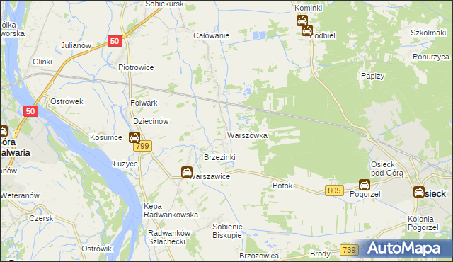 mapa Warszówka gmina Sobienie-Jeziory, Warszówka gmina Sobienie-Jeziory na mapie Targeo