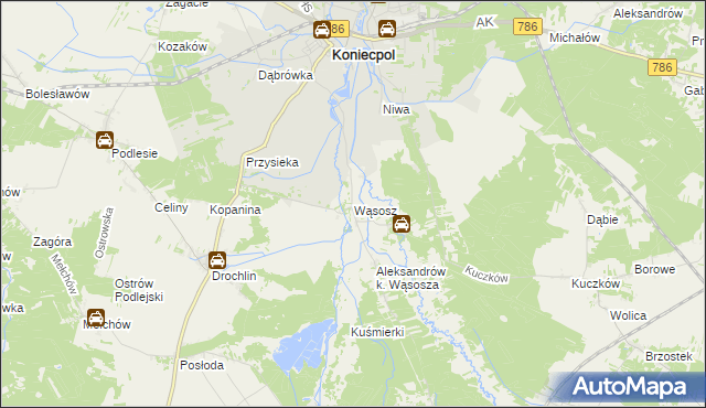 mapa Wąsosz gmina Koniecpol, Wąsosz gmina Koniecpol na mapie Targeo