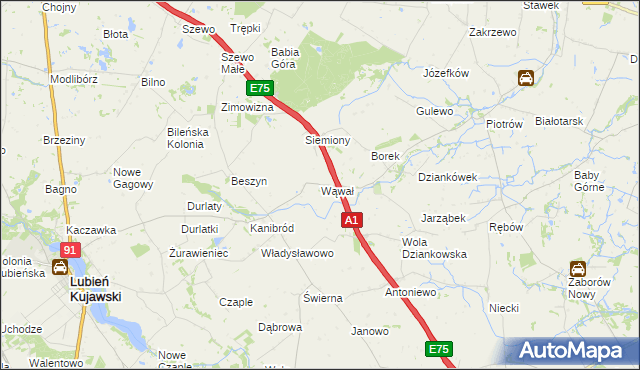 mapa Wąwał gmina Lubień Kujawski, Wąwał gmina Lubień Kujawski na mapie Targeo