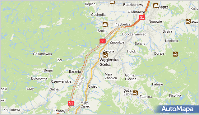 mapa Węgierska Górka, Węgierska Górka na mapie Targeo