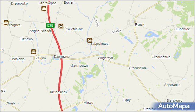mapa Węgorzyn gmina Ryńsk, Węgorzyn gmina Ryńsk na mapie Targeo