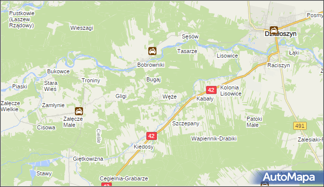 mapa Węże gmina Działoszyn, Węże gmina Działoszyn na mapie Targeo