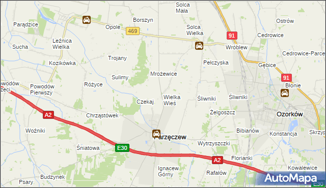 mapa Wielka Wieś gmina Parzęczew, Wielka Wieś gmina Parzęczew na mapie Targeo