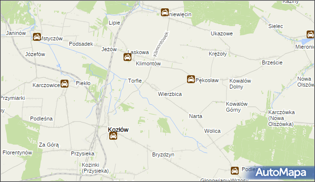 mapa Wierzbica gmina Kozłów, Wierzbica gmina Kozłów na mapie Targeo