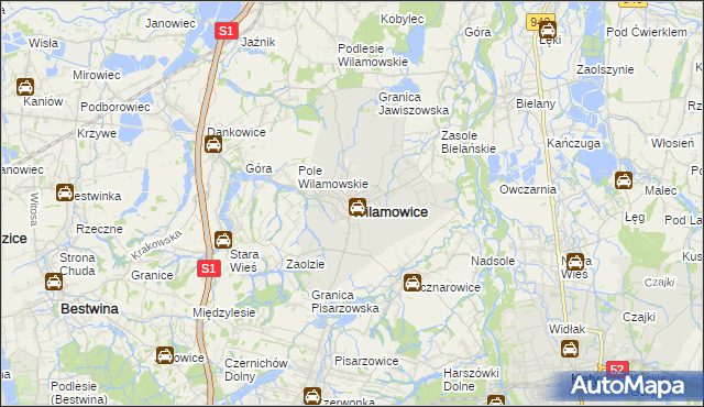 mapa Wilamowice powiat bielski, Wilamowice powiat bielski na mapie Targeo