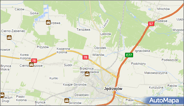 mapa Wilanów gmina Jędrzejów, Wilanów gmina Jędrzejów na mapie Targeo