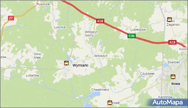 mapa Witoszyn gmina Wymiarki, Witoszyn gmina Wymiarki na mapie Targeo