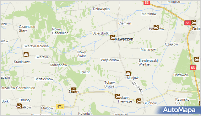 mapa Wojciechów gmina Kawęczyn, Wojciechów gmina Kawęczyn na mapie Targeo