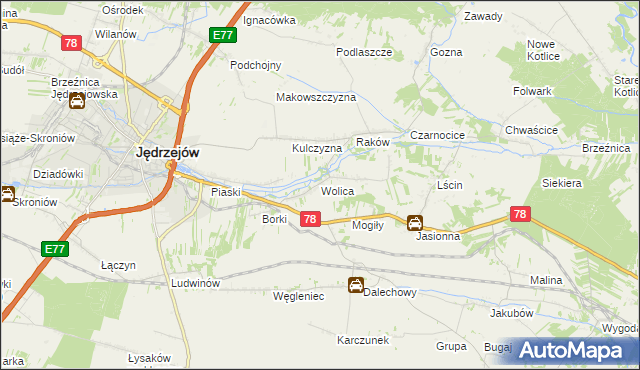 mapa Wolica gmina Jędrzejów, Wolica gmina Jędrzejów na mapie Targeo