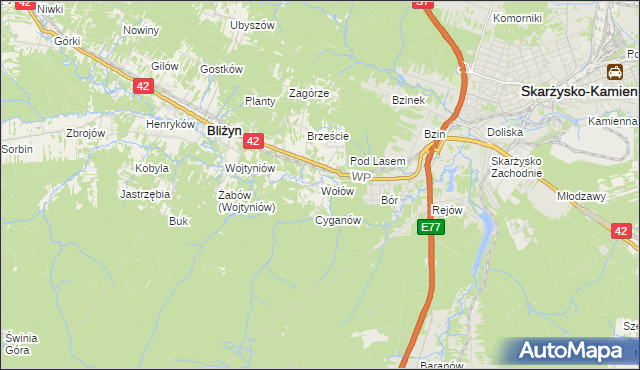 mapa Wołów gmina Bliżyn, Wołów gmina Bliżyn na mapie Targeo