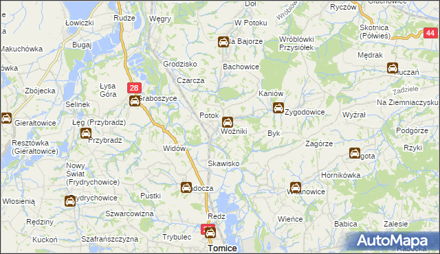 mapa Woźniki gmina Tomice, Woźniki gmina Tomice na mapie Targeo