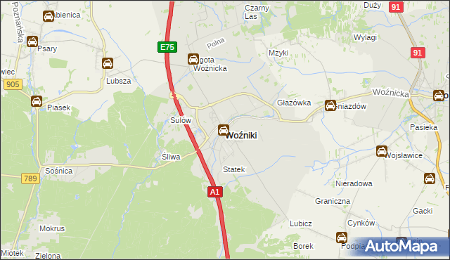 mapa Woźniki powiat lubliniecki, Woźniki powiat lubliniecki na mapie Targeo