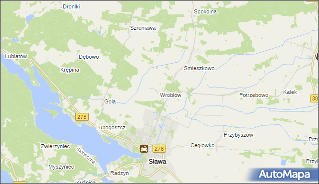 mapa Wróblów gmina Sława, Wróblów gmina Sława na mapie Targeo