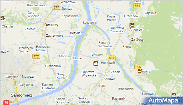 mapa Wrzawy gmina Gorzyce, Wrzawy gmina Gorzyce na mapie Targeo