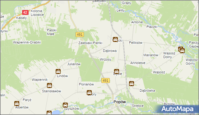 mapa Wrzosy gmina Popów, Wrzosy gmina Popów na mapie Targeo