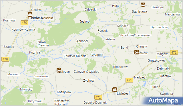 mapa Wygoda gmina Lisków, Wygoda gmina Lisków na mapie Targeo