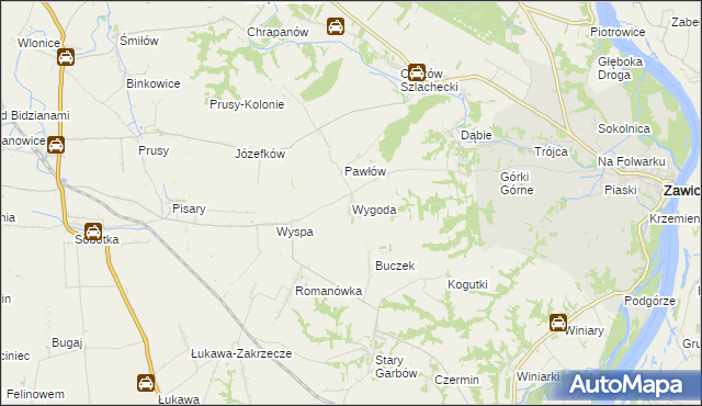 mapa Wygoda gmina Zawichost, Wygoda gmina Zawichost na mapie Targeo