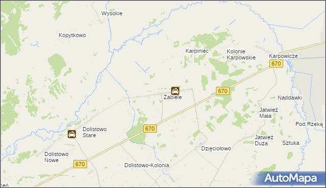 mapa Zabiele gmina Jaświły, Zabiele gmina Jaświły na mapie Targeo