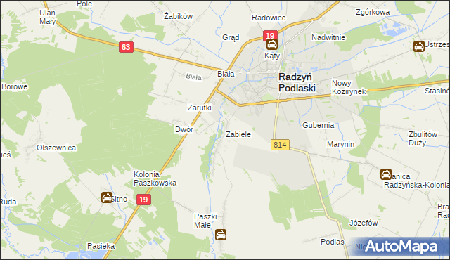 mapa Zabiele gmina Radzyń Podlaski, Zabiele gmina Radzyń Podlaski na mapie Targeo