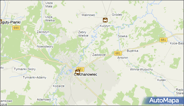 mapa Zadobrze gmina Ciechanowiec, Zadobrze gmina Ciechanowiec na mapie Targeo