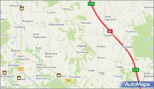 mapa Zagłoba gmina Stryków, Zagłoba gmina Stryków na mapie Targeo