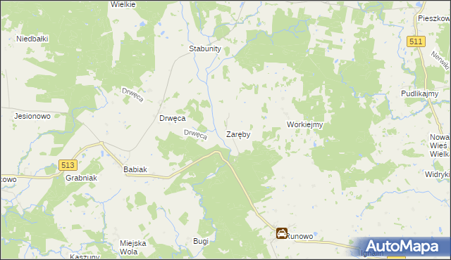 mapa Zaręby gmina Lidzbark Warmiński, Zaręby gmina Lidzbark Warmiński na mapie Targeo